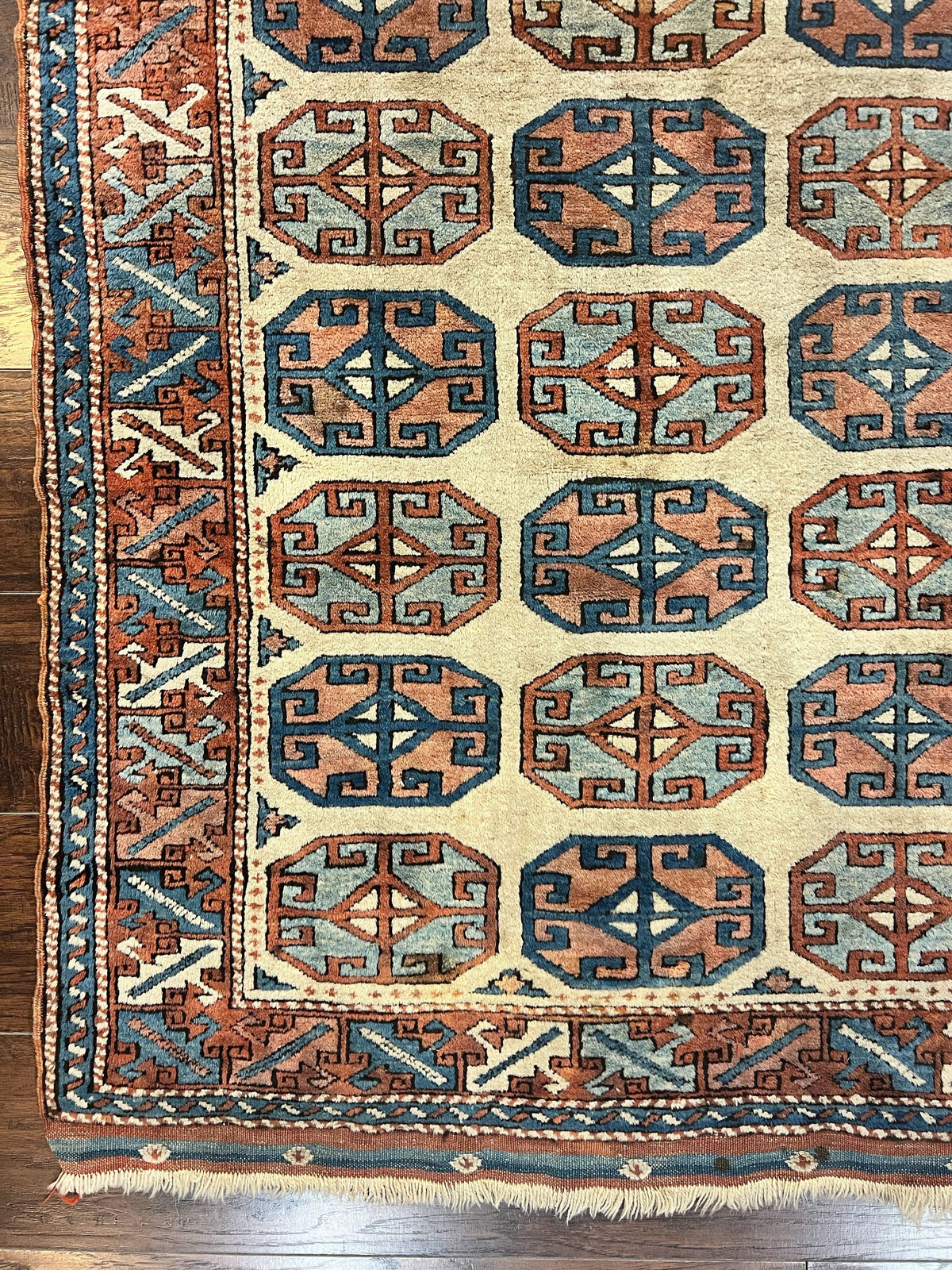 Turkish Kazak Rug 3x4, Wool Hand Knotted Handmade Vintage Carpet, Geometric Tribal Repeated Motif, Small 3 x 4 Antique Rug, Cream Red - Jewel Rugs, view 8