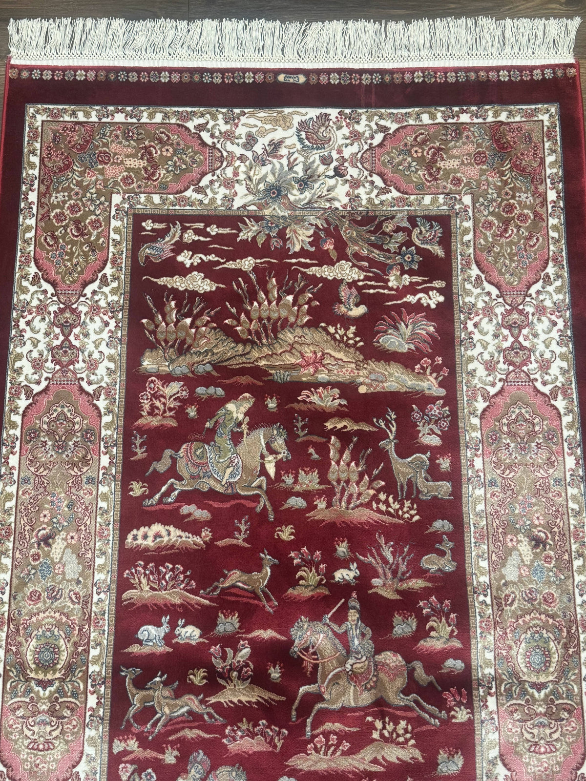 Turkish Silk Rug 3x5, Hunting Design, Dark Red & Ivory, Bamboo Silk, New - Jewel Rugs, view 4