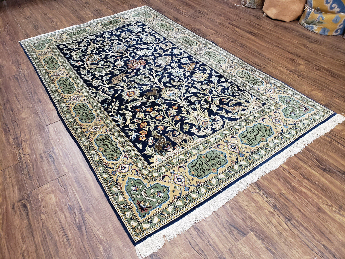 Semi Antique Persian Qum Tree of Life Rug, Hand-Knotted, Wool, Midnight Blue and Tan, Animal Pictorials, Written Poem in Borders, 4' 8" x 7' 8" - Jewel Rugs, view 12