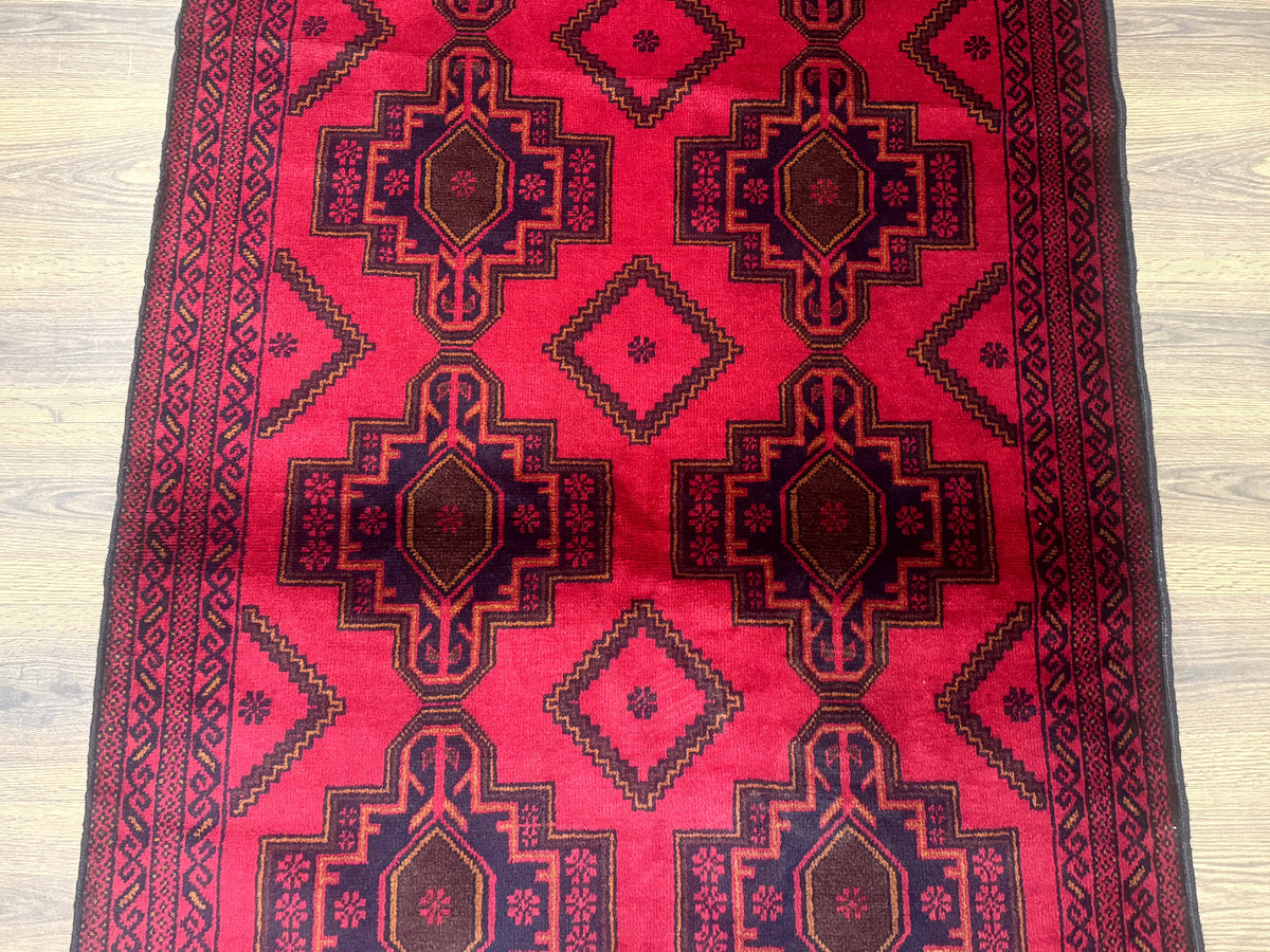 Afghan Rug 4x7, Tribal Carpet, Balouch Rug, Red and Navy Blue, Repeated Medallions, New - Jewel Rugs, view 4