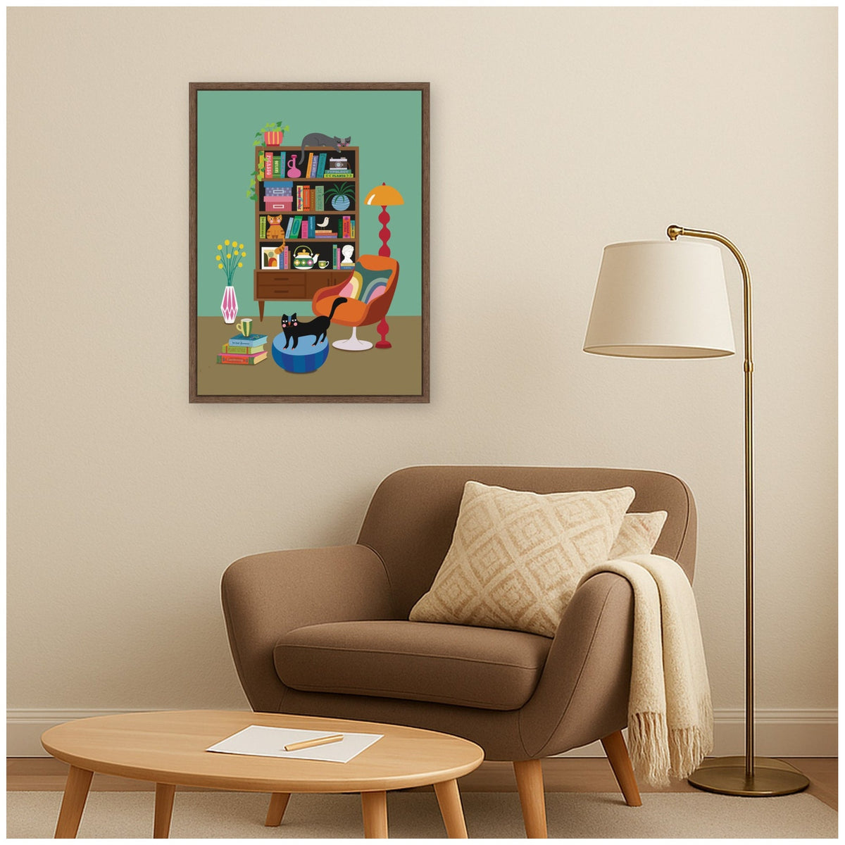 Cat Book Club 2 by Rachel Lee 3 Birdies Studio Framed Canvas Wall Art Print