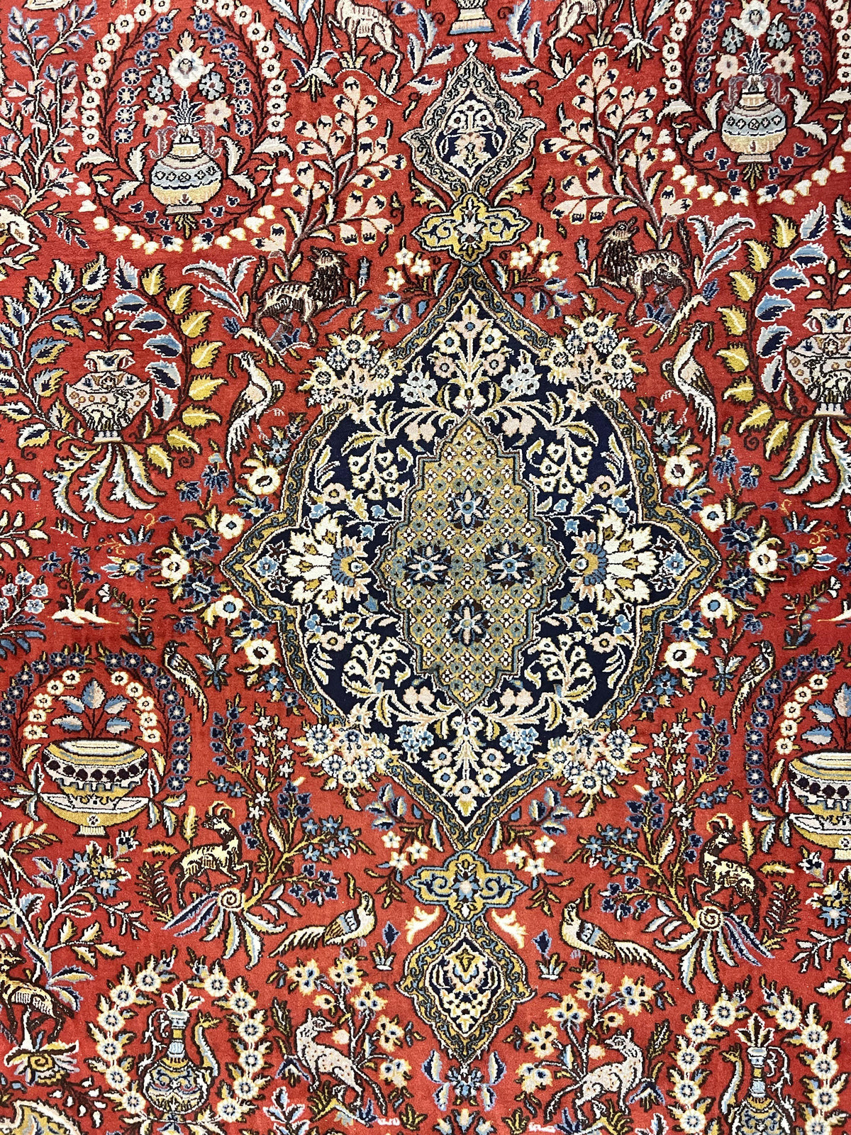 Wonderful Persian Qum Rug 10x14, Wool w/ Silk Highlights, Hand Knotted Semi Antique Vintage Carpet, Red, Floral, Fine Weave, Birds Deer Pictorials - Jewel Rugs, view 4