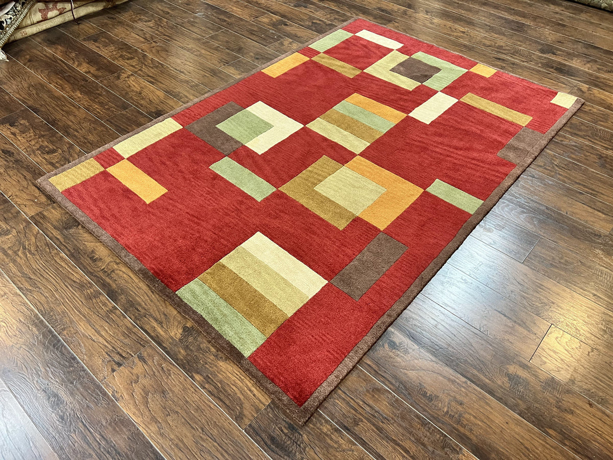 Indo Tibetan Modern Rug 5x8, Abstract Rug 5 x 8 ft, Red Multicolor Wool Handmade Contemporary Area Rug - Jewel Rugs, view 3