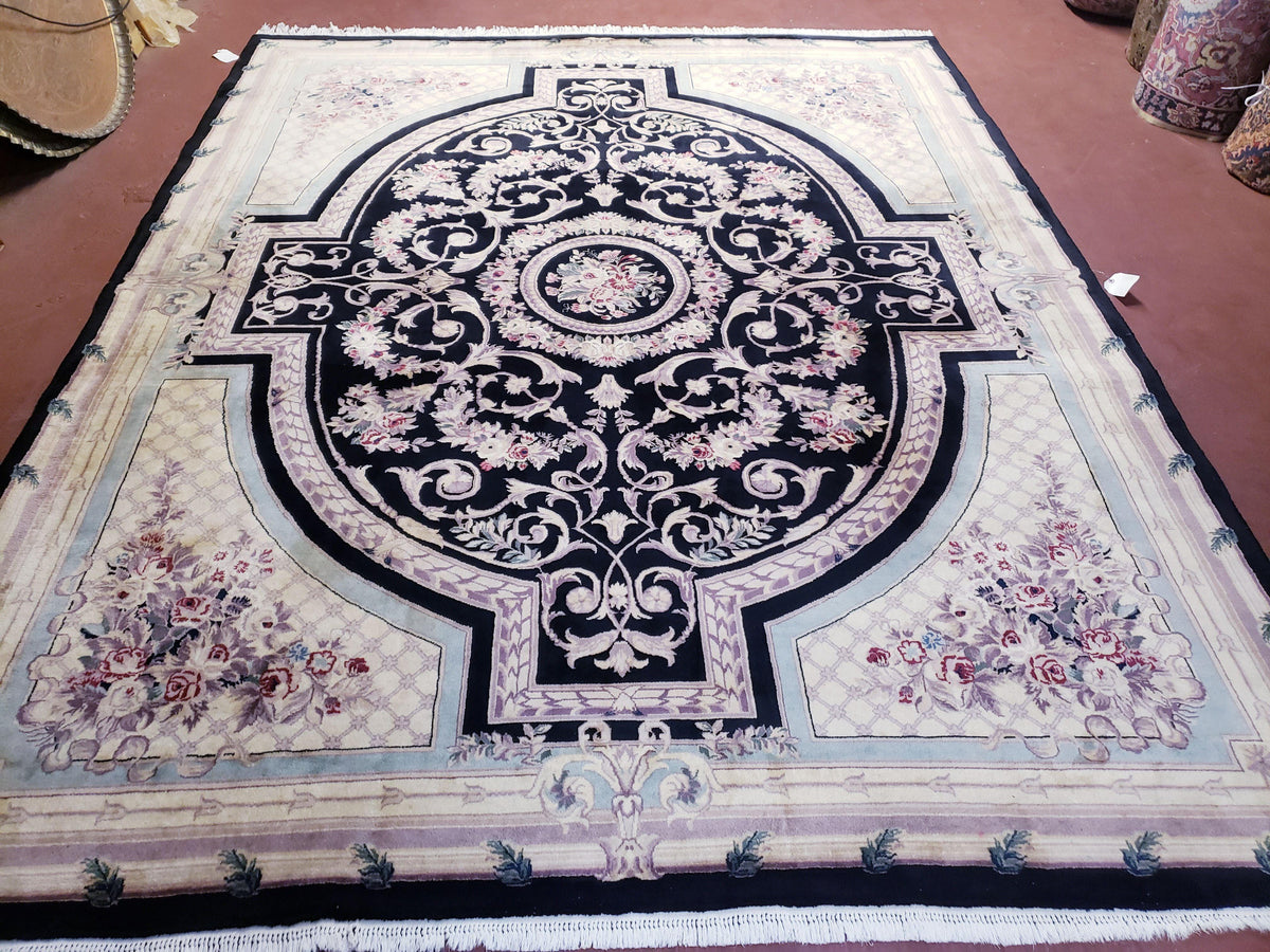 8x10 Aubusson Rug, Fine Hand Knotted Wool Carpet, French European Design, Black & Ivory - Jewel Rugs, view 12