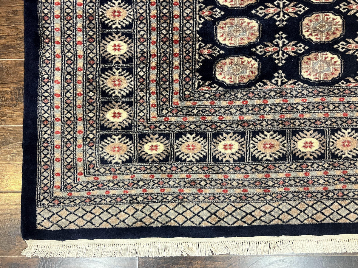 Pakistani Bokhara Rug 8x10, Turkoman Carpet, Dark Blue and Beige, Vintage Handmade Wool Carpet - Jewel Rugs, view 9