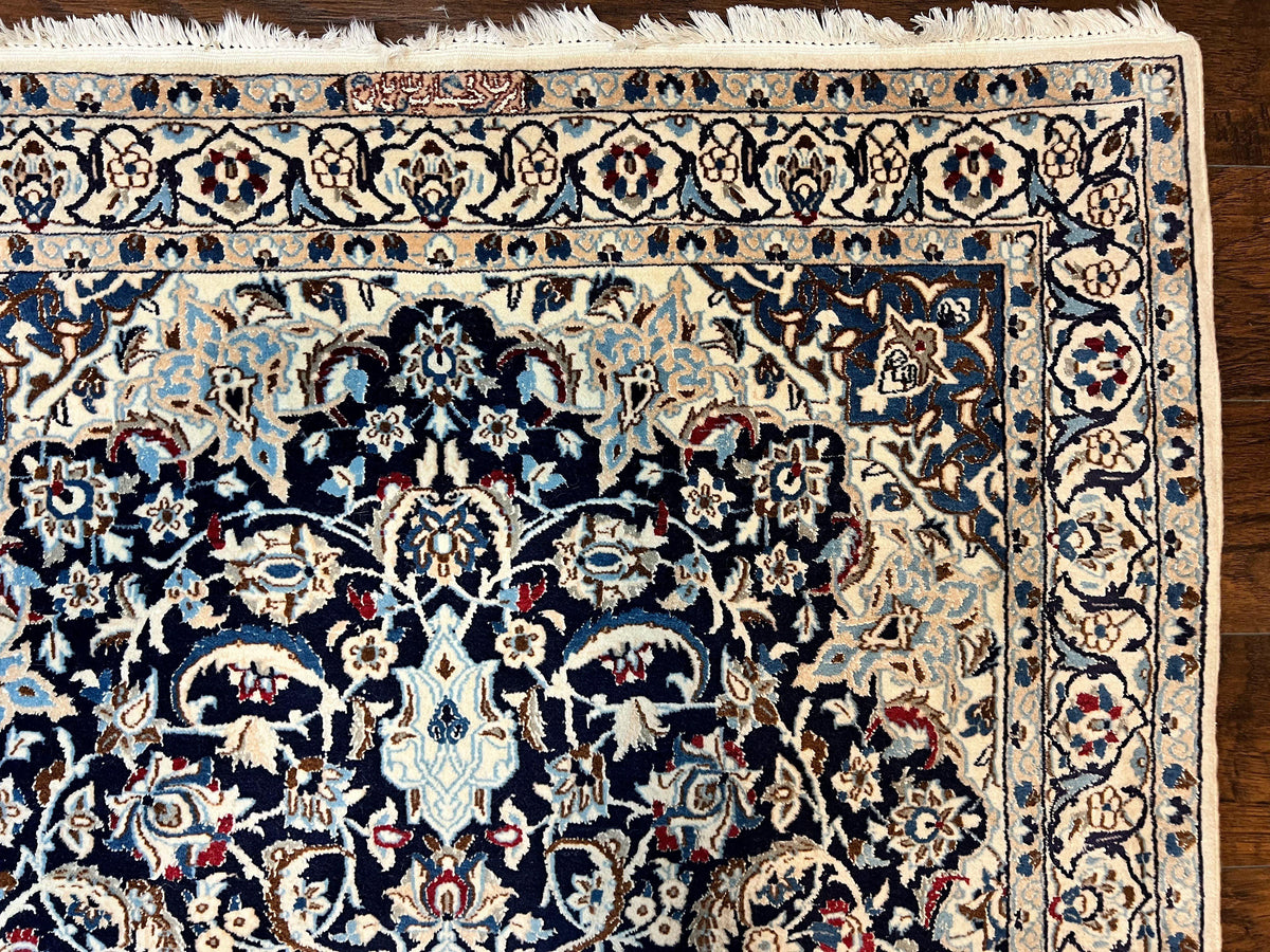 Persian Nain Rug 4x6, Floral, Hand Knotted Vintage Wool & Silk Highlights, Signature from Masterweaver, Navy Blue and Ivory - Jewel Rugs, view 8