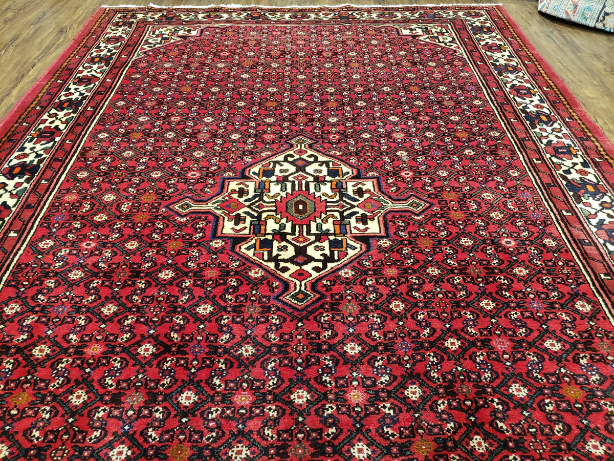 Vintage Persian Hamedan Rug 7x10, Angelas Mahi Pattern, Red, Wool, Hand-Knotted - Jewel Rugs, view 13