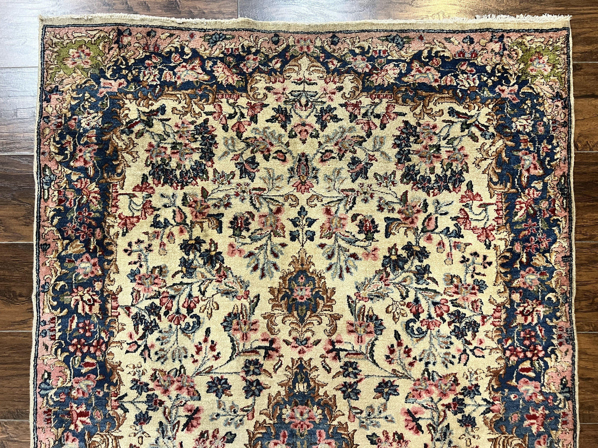 Antique Persian Kirman Rug 4x7, Cream and Navy Blue, Hand Knotted Wool Floral Carpet - Jewel Rugs, view 4