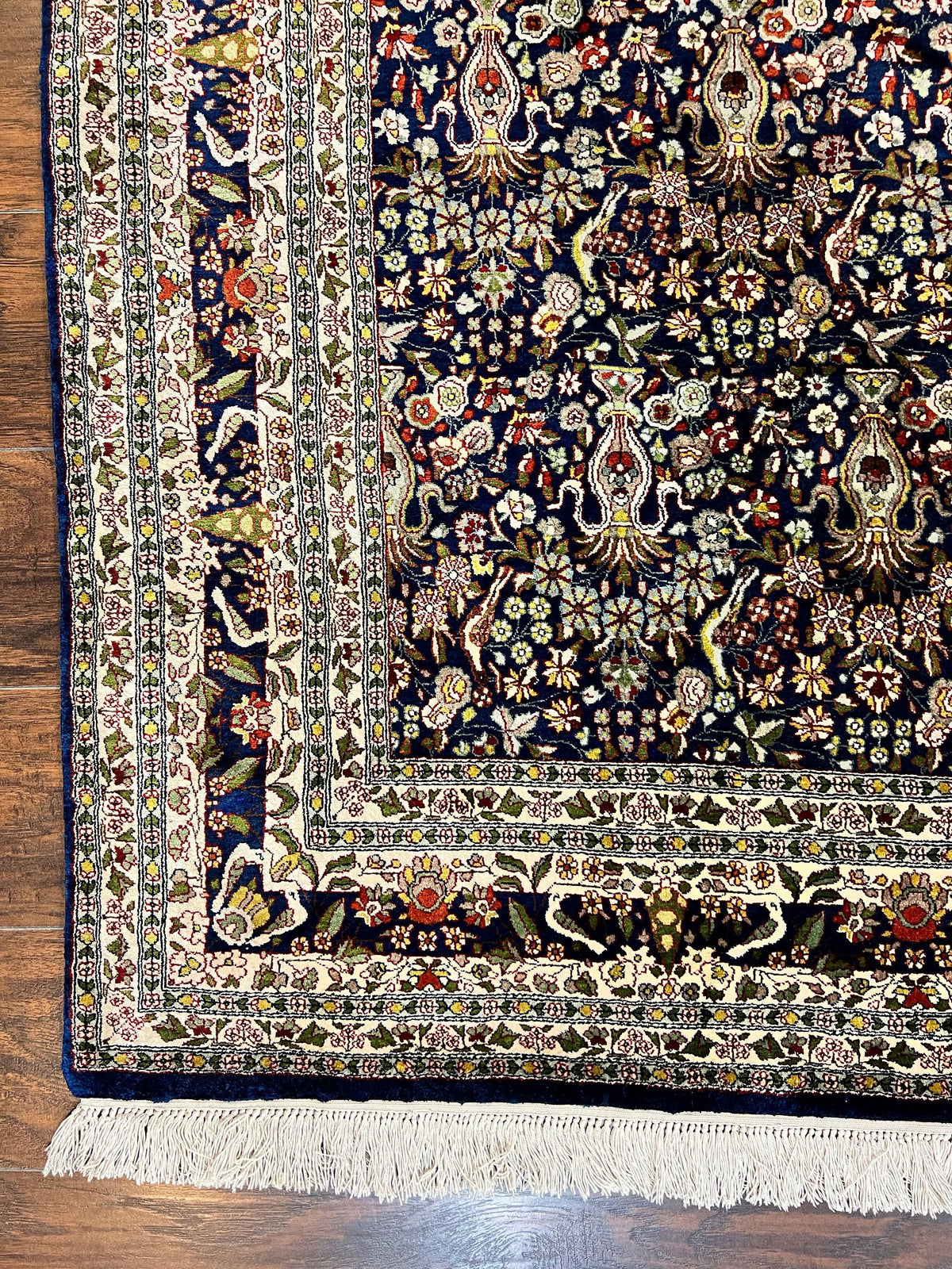 Silk Indian Kashmiri Rug 5x7, Navy Blue Indo Persian Silk Carpet 5 x 7 ft, Hand Knotted Handmade Very Fine Oriental Carpet, 450 KPSI, Birds - Jewel Rugs, view 8