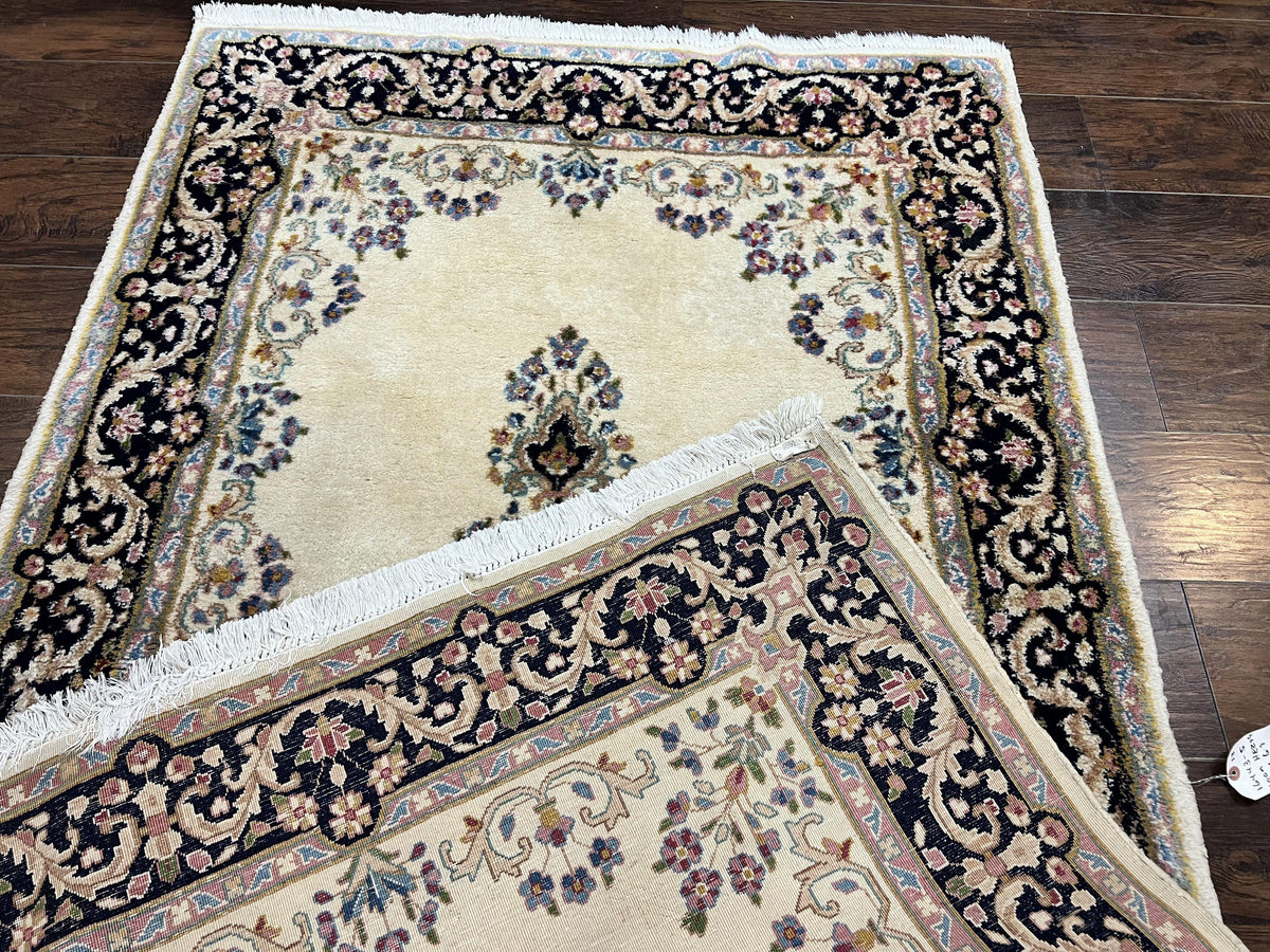 Persian Kirman Rug 4x7, Wool Hand Knotted Antique Carpet, Beige, Semi Open Field Medallion Rug, Traditional Handmade Oriental Rug - Jewel Rugs, view 11
