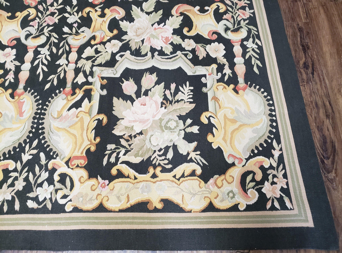 Vintage Black Aubusson Area Rug 8x10, Large Flowers Chinese Aubusson Carpet 7.9 x 10, Wool Hand-Knotted Floral Pattern Flat Weave Rug Nice - Jewel Rugs, view 10