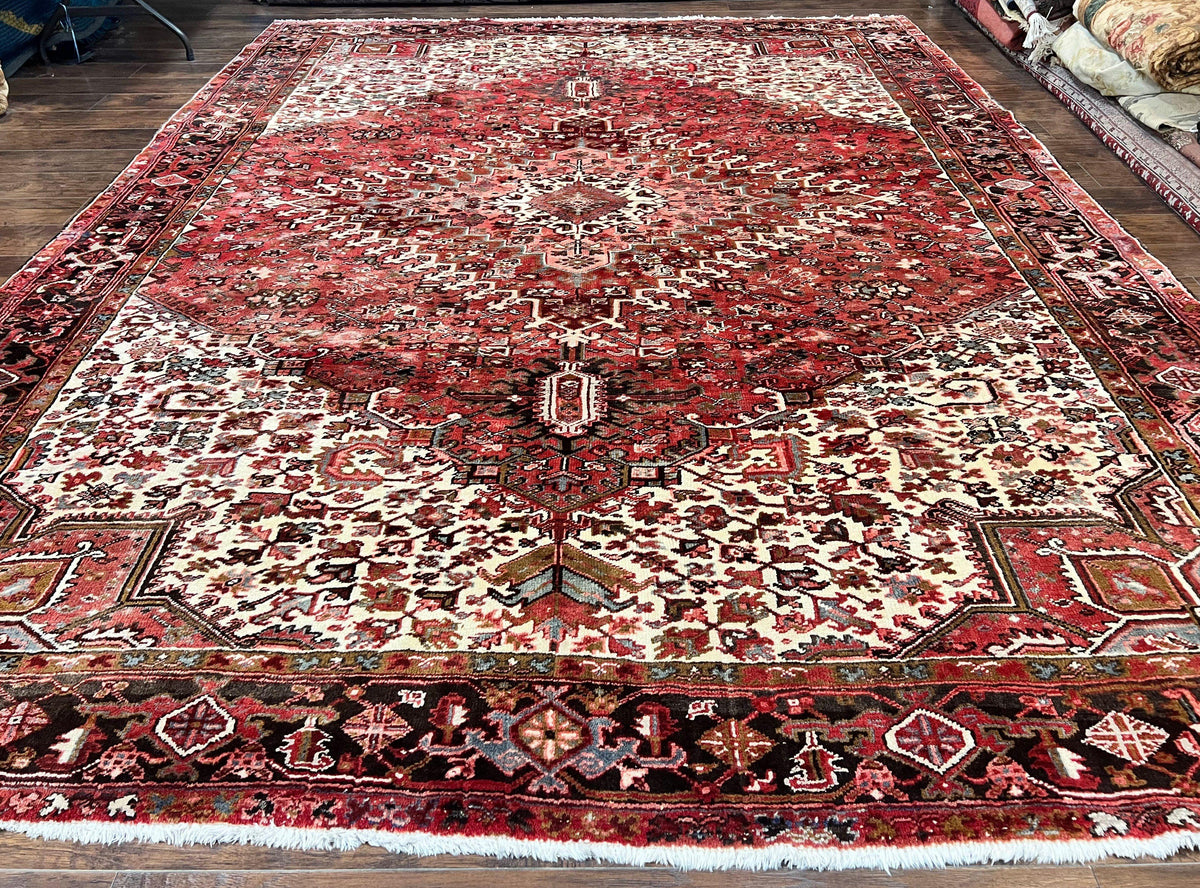 Large Persian Heriz Rug 10x13, Red and Cream Geometric Tribal Room Sized Handmade Wool Hand Knotted Semi Antique Decorative Oriental Carpet - Jewel Rugs, view 2