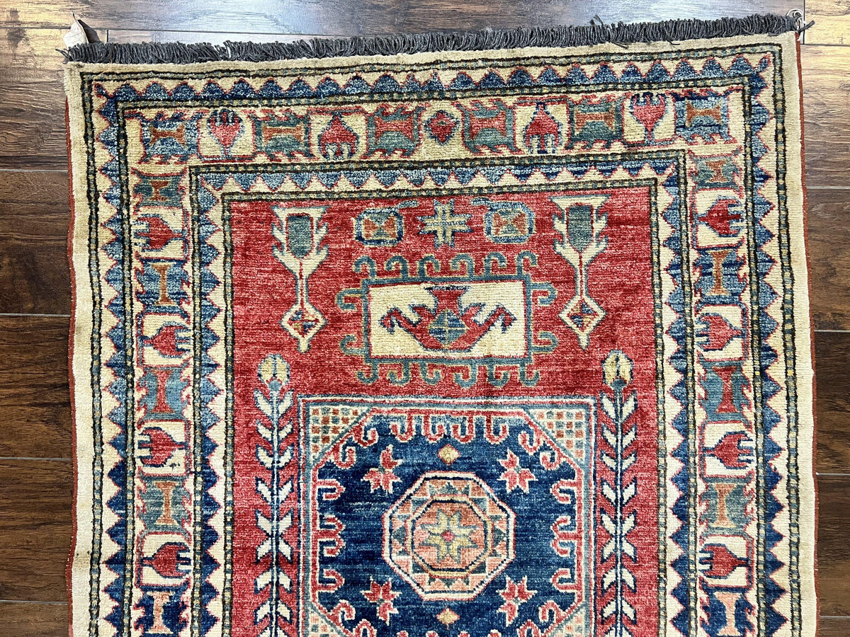 Turkish Kazak Rug 3x4, Wool Hand Knotted Small Vintage Carpet, Red Navy Blue, 3 x 4 Oriental Rug, Geometric Design - Jewel Rugs, view 4