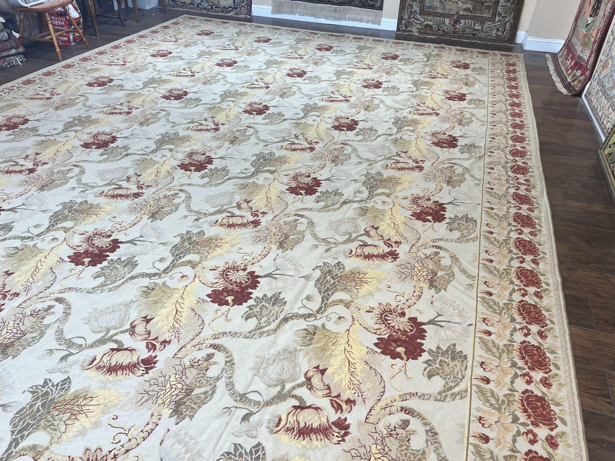 Extra Large Needlepoint Rug 14 x 20, Vintage Handwoven Handmade Wool Flatweave Carpet, Allover Floral Pattern, Elegant European Deisgn Rug - Jewel Rugs, view 2