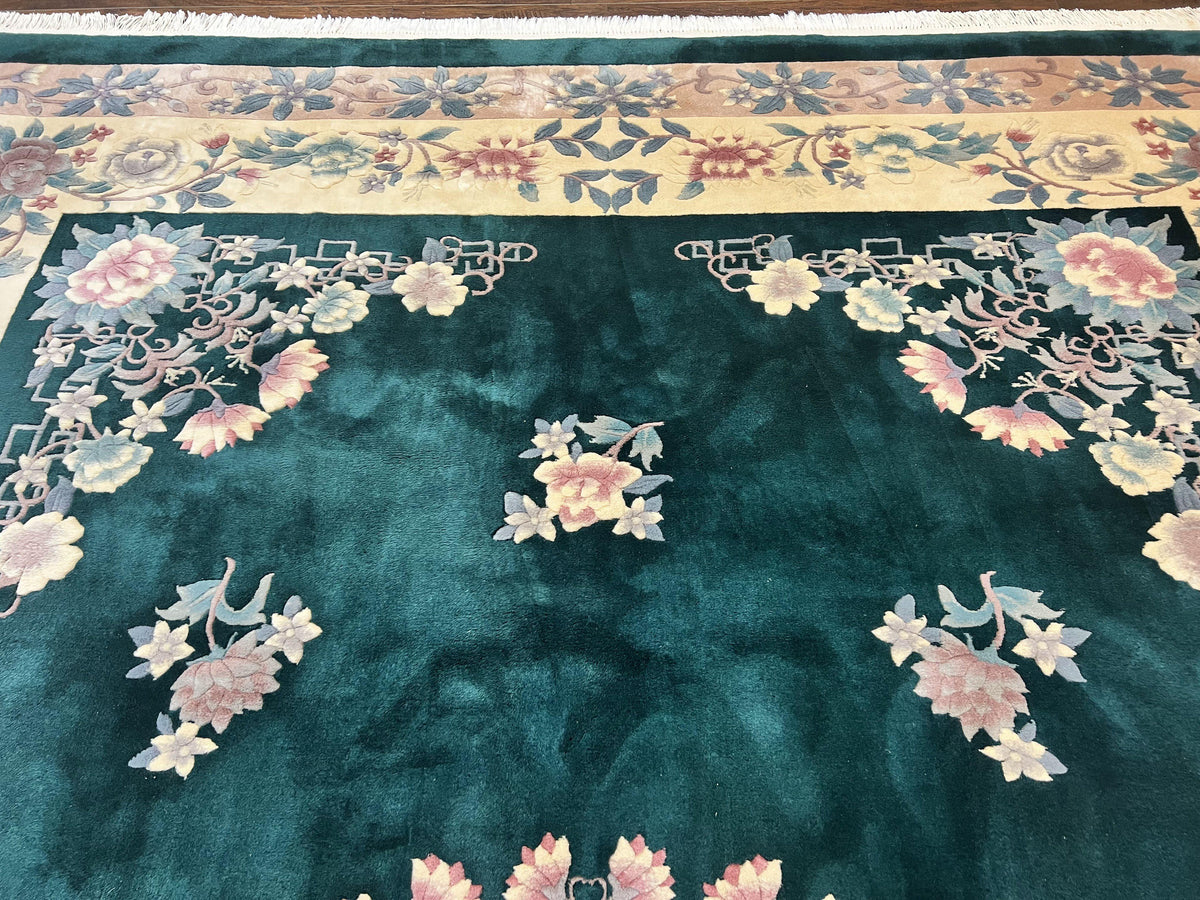 Chinese Art Deco Rug 9x12, Wool Hand Knotted Vintage Carpet, Dark Green & Cream, 90 Line Carving Rug - Jewel Rugs, view 4