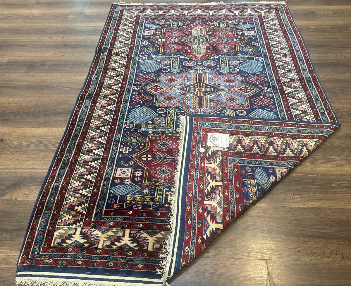 Indian Rug with Caucasian Design, 4x6 Geometric Carpet, Navy Blue and Cream - Jewel Rugs, view 12