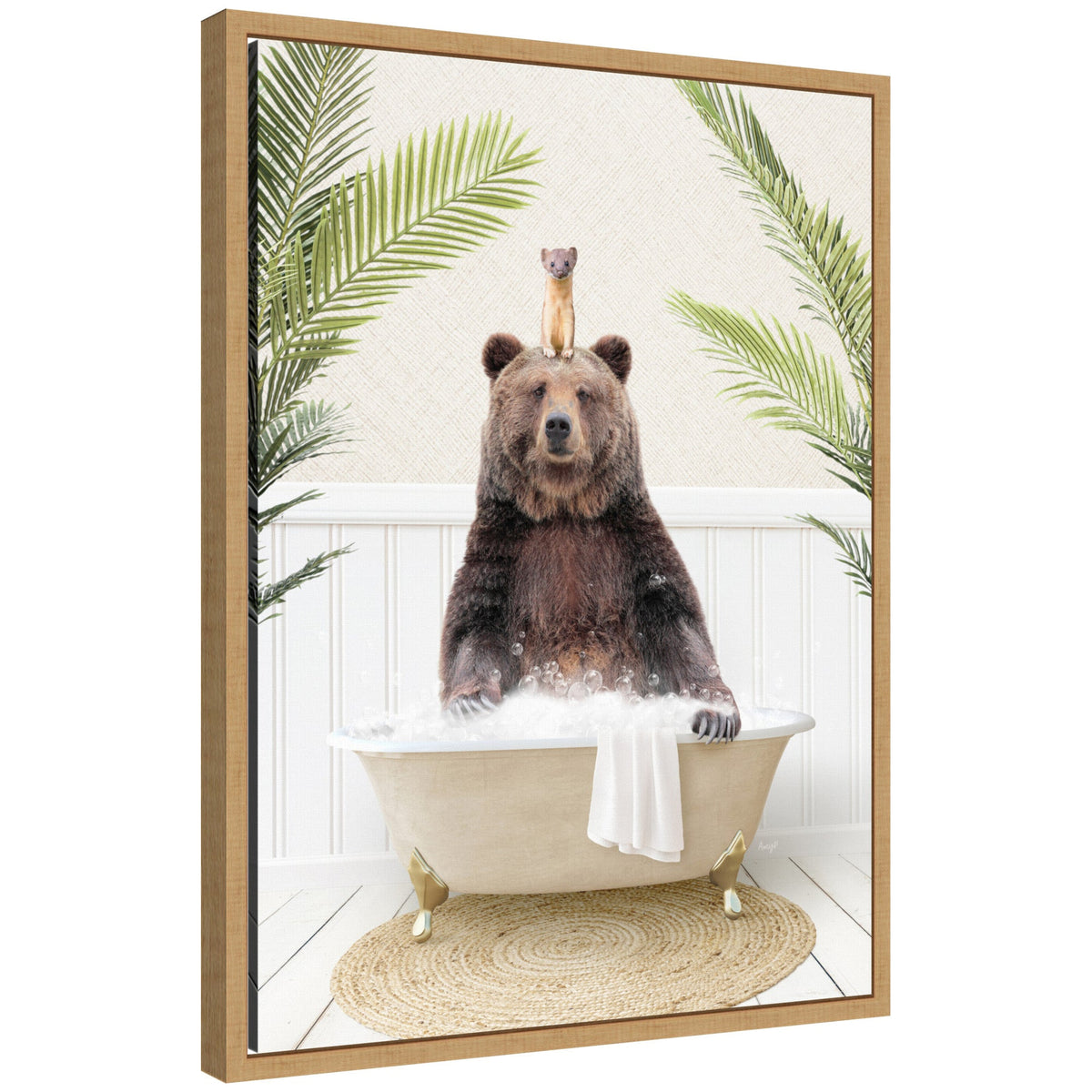 Sylvie Bear and Weasel in Palms Bathtub Framed Canvas by Amy Peterson