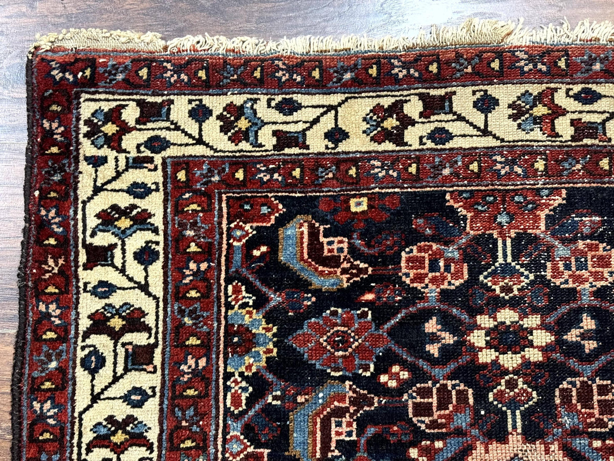 Navy Blue Antique Persian Rug 3x6, Blue and Ivory Persian Carpet, Handmade 1920s Hamadan Rug - Jewel Rugs, view 7