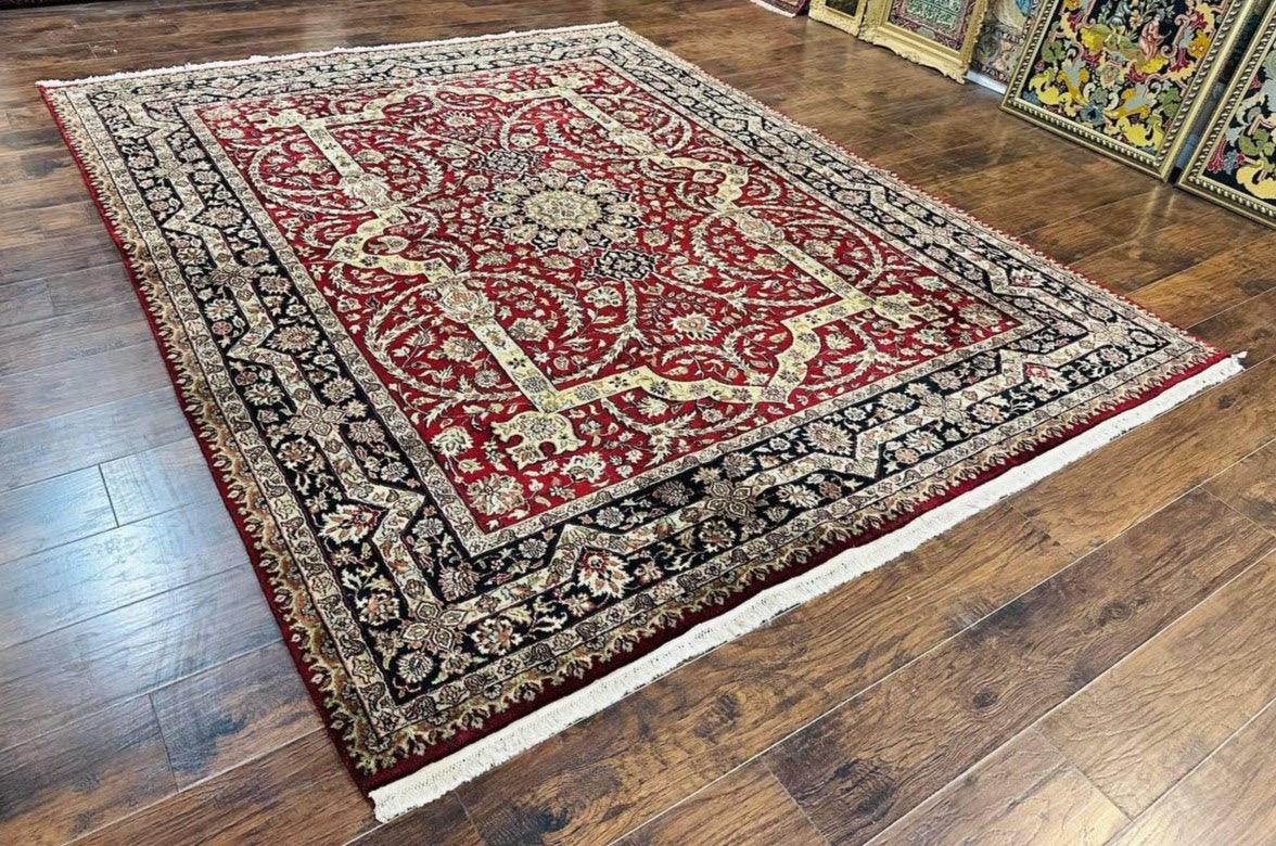 Indo Persian Rug 8x10, Red Vintage Wool Traditional Carpet, Floral, Handmade - Jewel Rugs, view 3