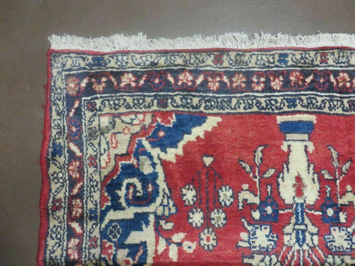 Persian Runner Rug 3 x 12, Antique Wool Oriental Runner, Floral Vases, Red & Navy Blue - Jewel Rugs, view 6