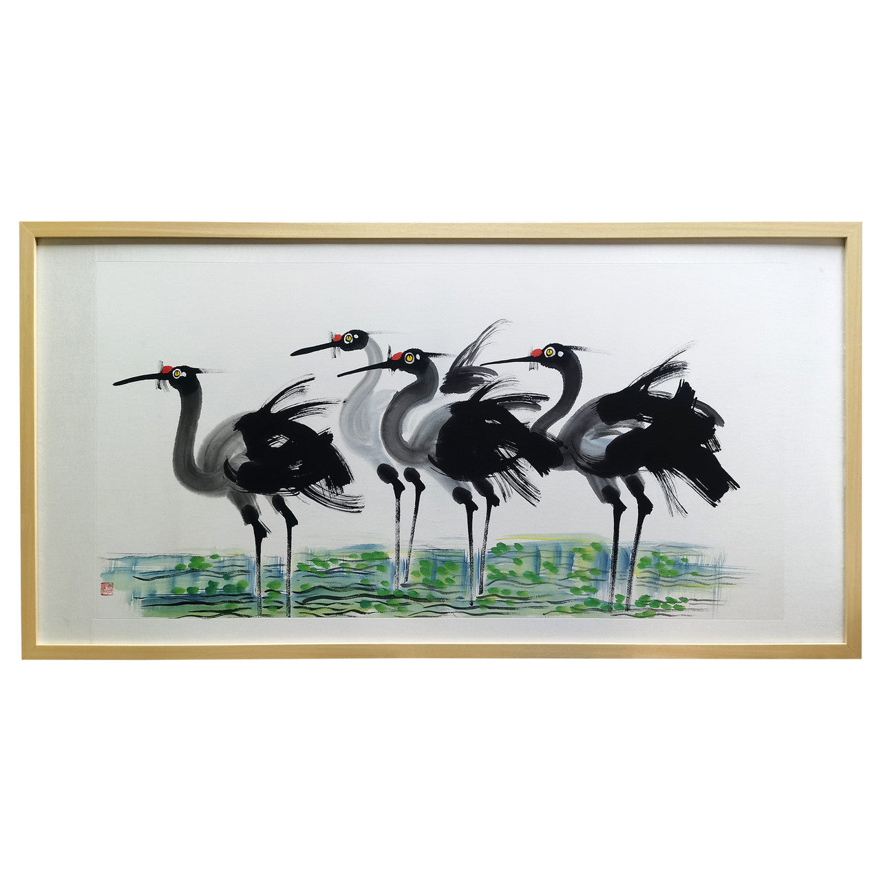 Color Ink Painting-A Group of Resting Red Crowned Crane Wooden Frame image