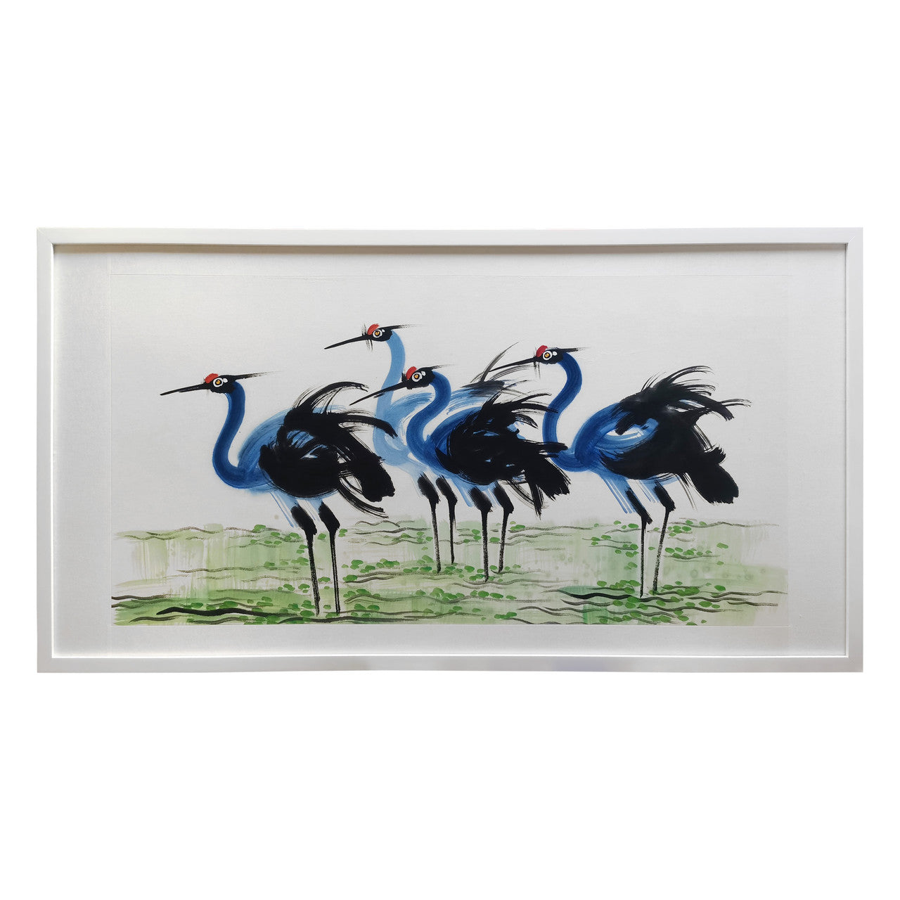 Color Ink Painting-A Group of Resting Red Crowned Crane White Frame image