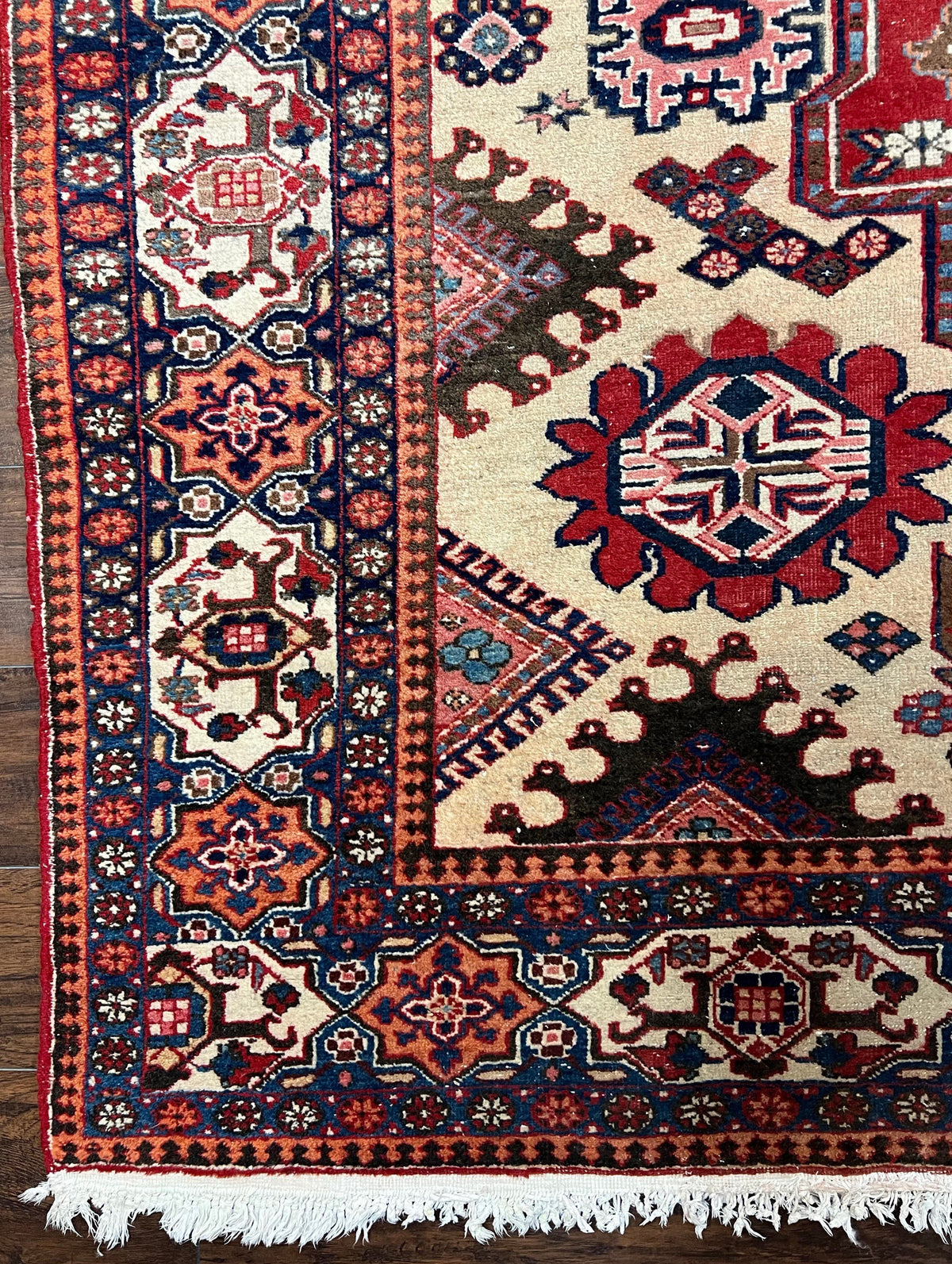 Antique Persian Heriz Rug 8x12 ft, Geometric Tribal Room Sized Carpet, Camel Hair Red Navy Blue, Wool Hand Knotted Medallion Oriental Carpet - Jewel Rugs, view 9