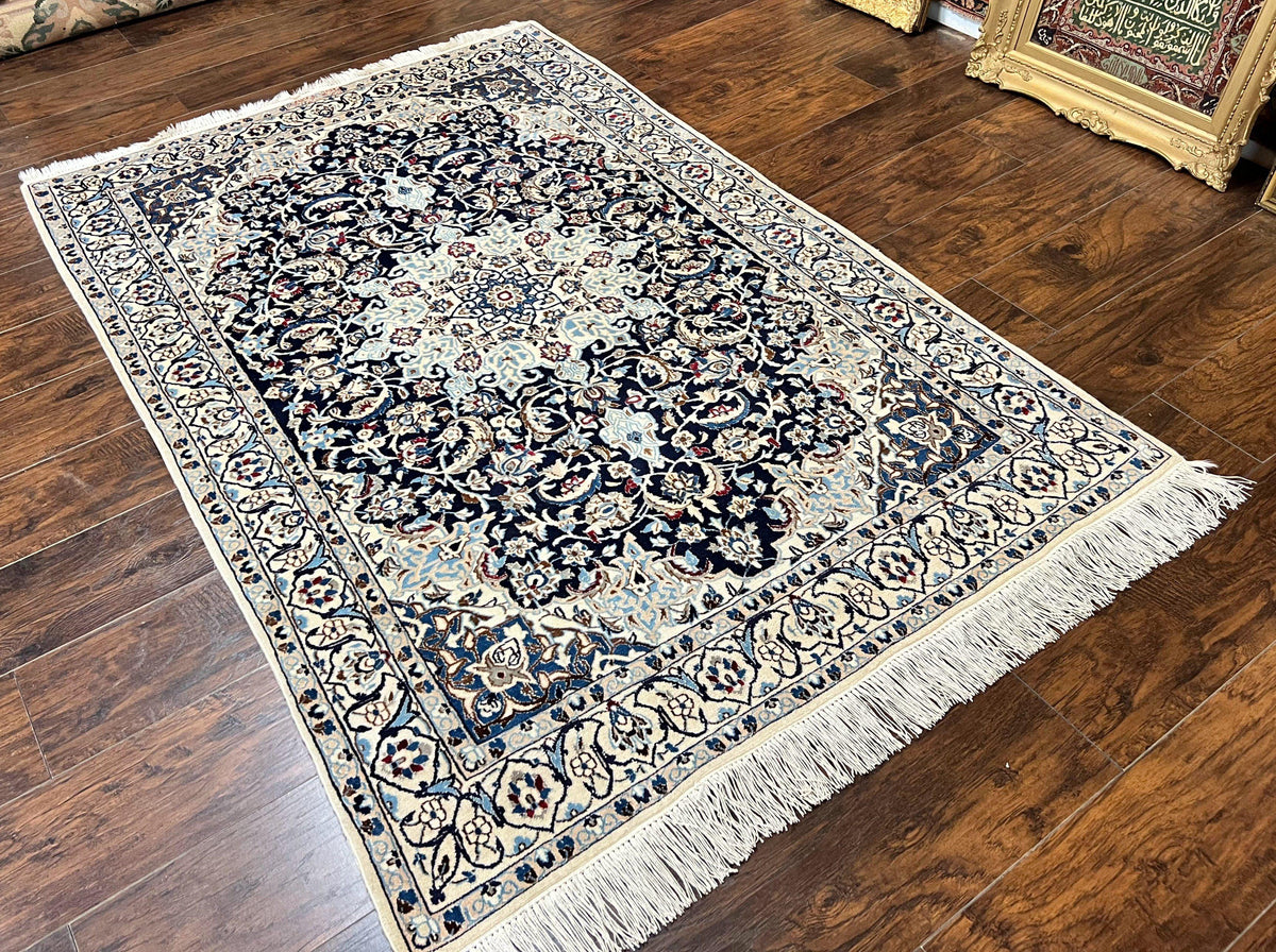 Persian Nain Rug 4x6, Floral, Hand Knotted Vintage Wool & Silk Highlights, Signature from Masterweaver, Navy Blue and Ivory - Jewel Rugs, view 13