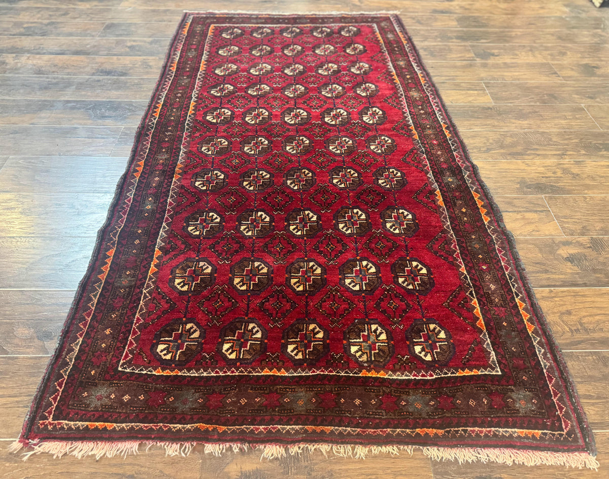 Persian Turkoman Tribal Rug 4x8, Handmade Vintage Wool Carpet, Red, Bohemian Rug - Jewel Rugs, view 2