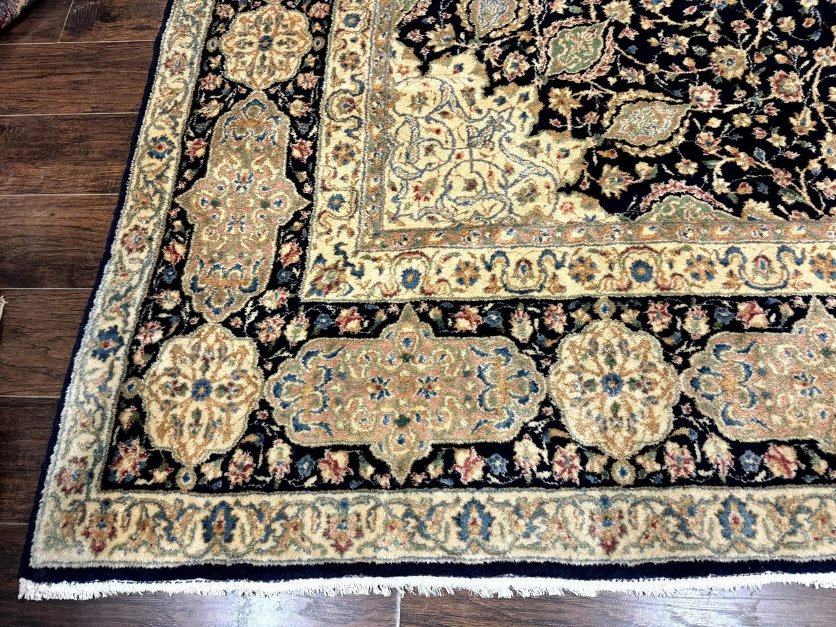 Large Persian Kerman Rug 10x14, Navy Blue and Beige, Floral Medallion, Traditional Elegant Persian Carpet, Signed by Masterweaver - Jewel Rugs, view 8