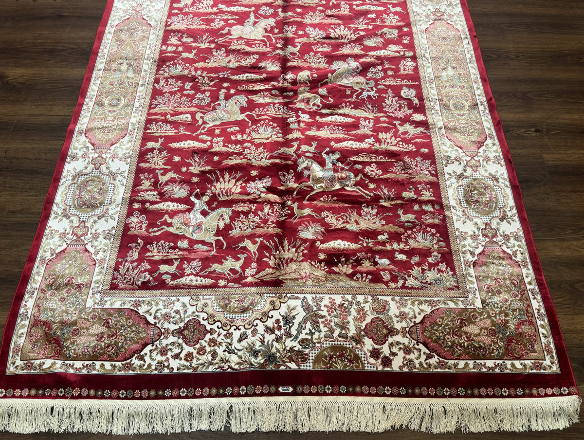 Turkish Silk Hunting Scene Rug 5 x 7.6, Red & Ivory, Bamboo Silk, New - Jewel Rugs, view 5