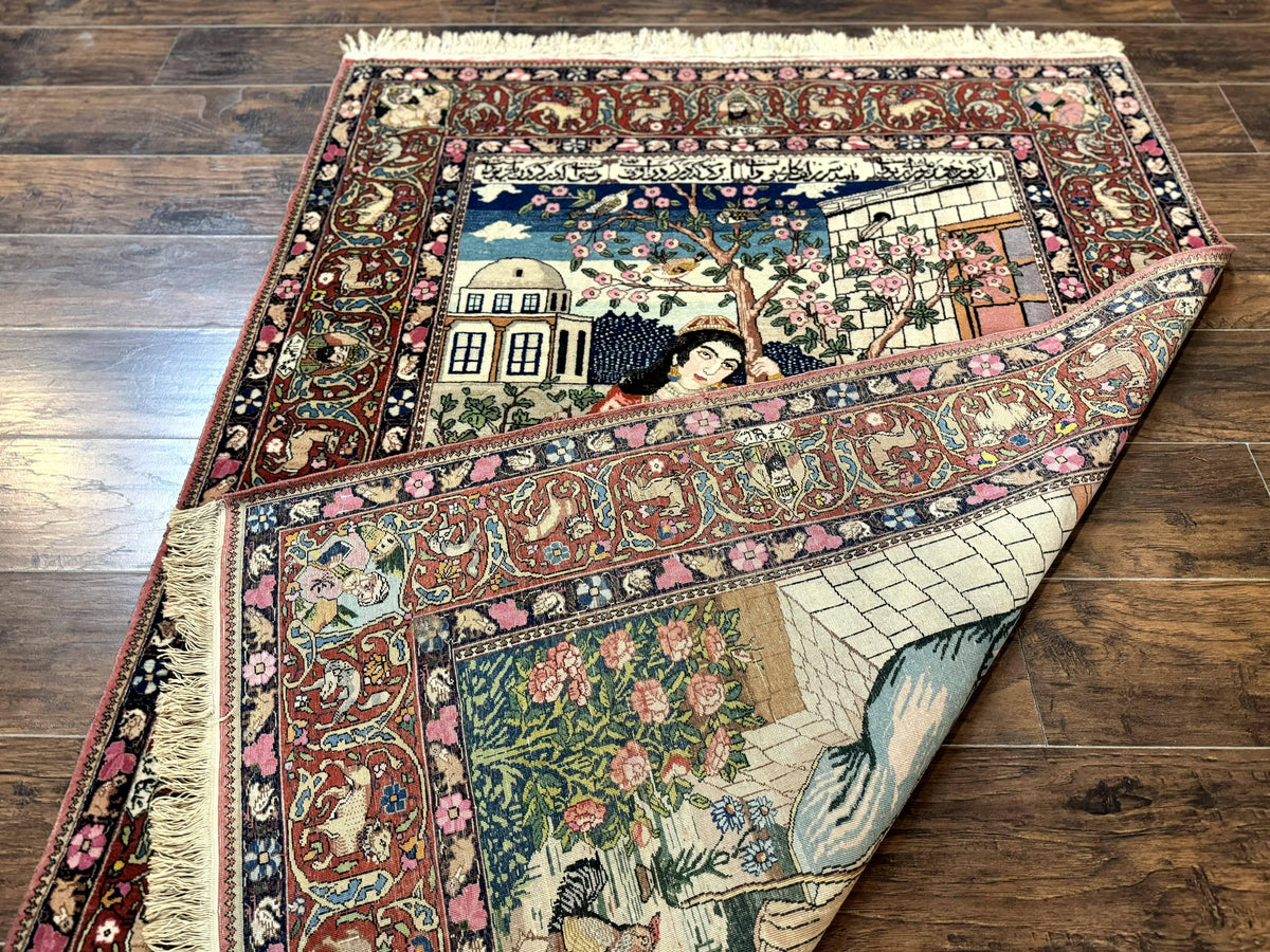 Wonderful Persian Kashan Pictorial Rug 4.7 x 6.5, Persian Rug for Wall Hanging, Handmade Antique Wool Carpet Animal Motifs Poetry Lovers, 240 KPSI - Jewel Rugs, view 12