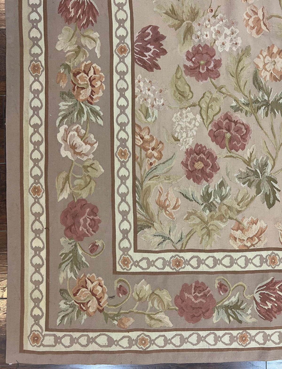 Aubusson Rug 9x12, Pink Beige Light Mauve, Handmade Allover Floral Roses, Wool Flatweave Carpet 9 x 12 ft, European French Design, Elegant - Jewel Rugs, view 9