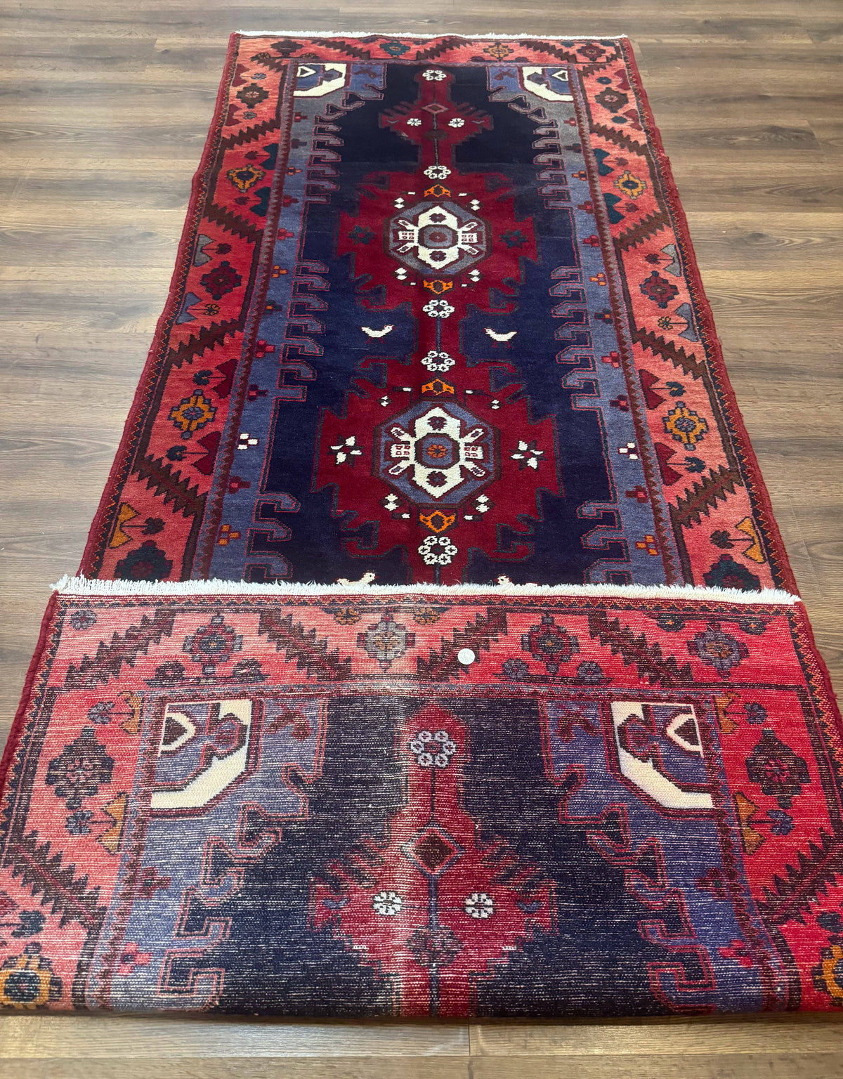 Persian Karajeh Runner Rug 3.6 x 9.5, Geometric Medallions, Tribal Village Rug, Navy Blue, Handmade - Jewel Rugs, view 12