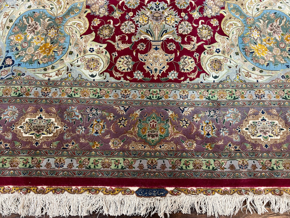 Stunning Persian Tabriz Rug 5x7, Signed by Masterweaver, Maroon, Floral Medallion, Ultra Fine 70 Raj 625 KPSI, Kork Wool Silk Foundation, Handmade - Jewel Rugs, view 6