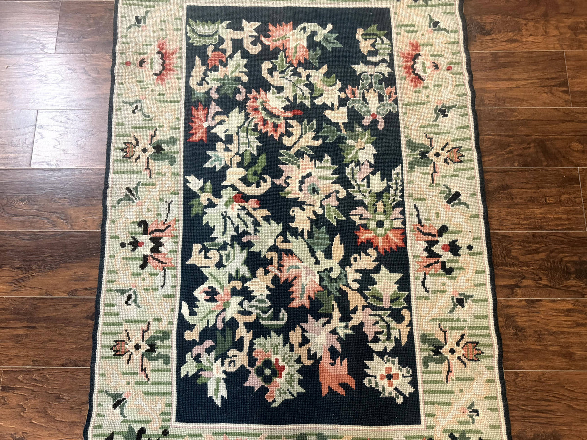 Vintage American Needlepoint Rug 4x6, Dark Green, Wool, Handmade, Flatweave Carpet - Jewel Rugs, view 5