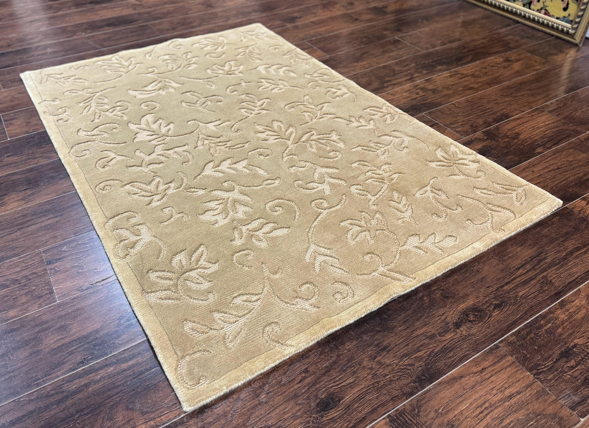 Modern Tibetan Rug 3.7 x 5.5, Carved Floral Design, Wool and Silk Highlights - Jewel Rugs, view 13