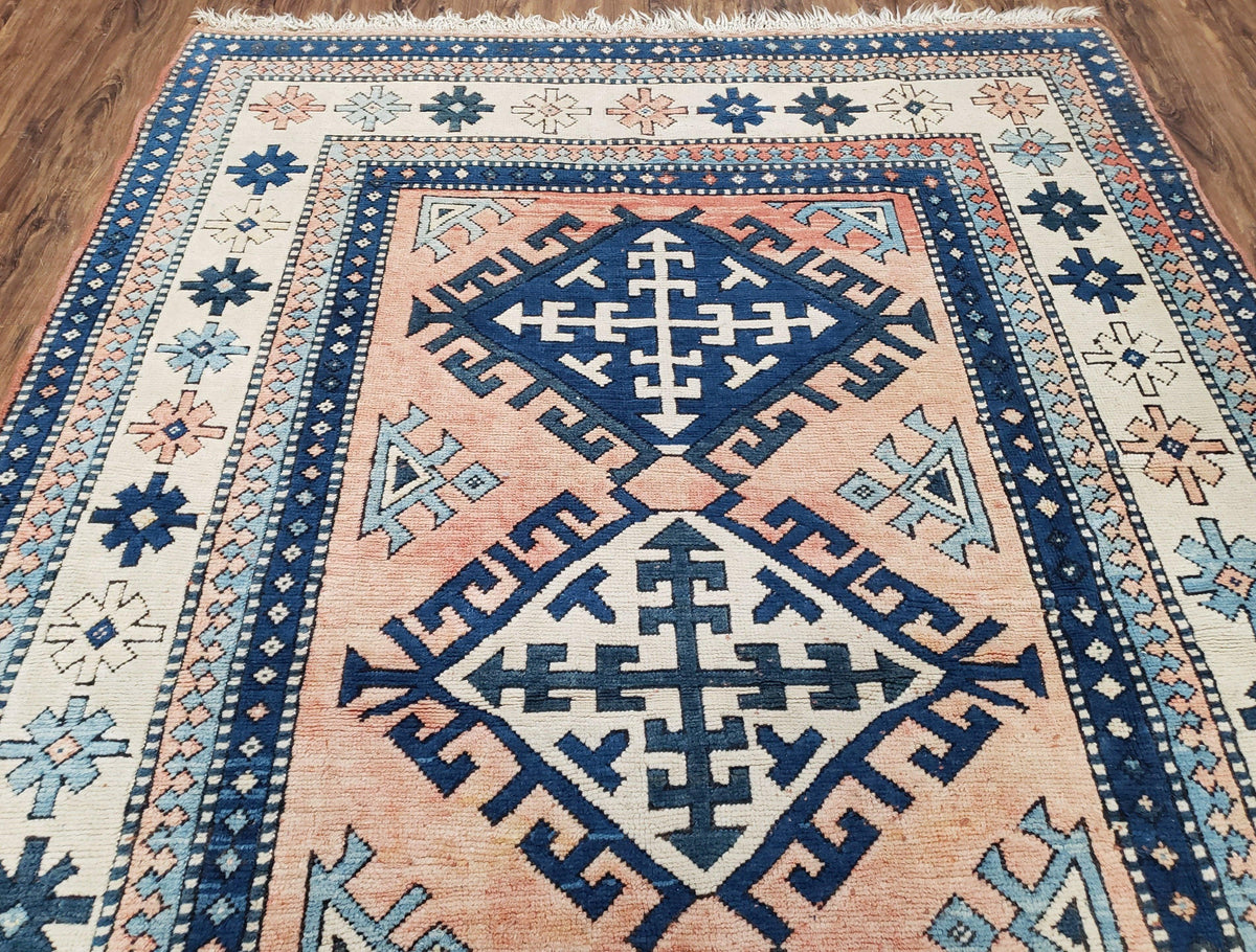 Turkish Kazak Rug 5x8 ft, Bold Geometric Bohemian Carpet, Blue and Ivory Hand Knotted Area Rug, Medium Sized High Quality Wool Oriental Rug - Jewel Rugs, view 5