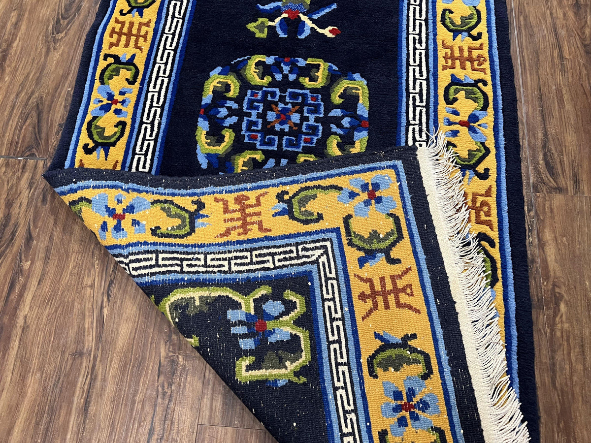 Chinese Art Deco Rug 3 x 5.9, Handmade Chinese Peking Carpet, Dark Blue and Gold, Medallion, Asian Oriental 3x6 Hand Knotted Vintage Rug - Jewel Rugs, view 11