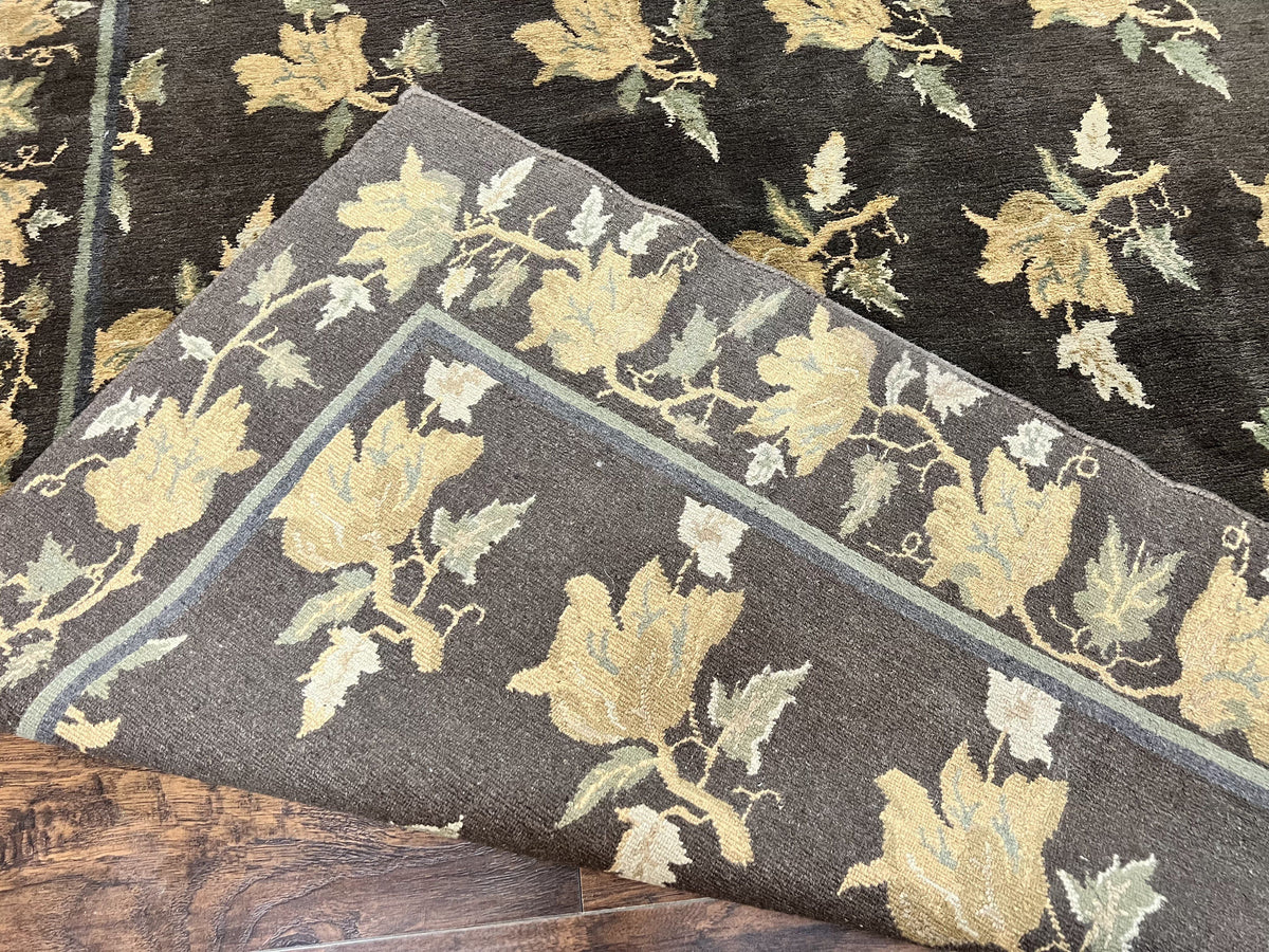 Tibetan Nepal Rug 6x9, Wool Hand Knotted Vintage Carpet 6 x 9, Dark Green & Golden Yellow, Floral Bouquets - Jewel Rugs, view 11