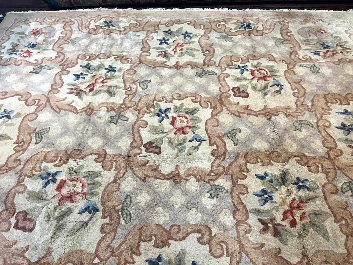 Indo Chinese Aubusson Wool Rug 11x16, Palace Sized Carpet, Oversized Handmade Vintage Rug, European Design - Jewel Rugs, view 9