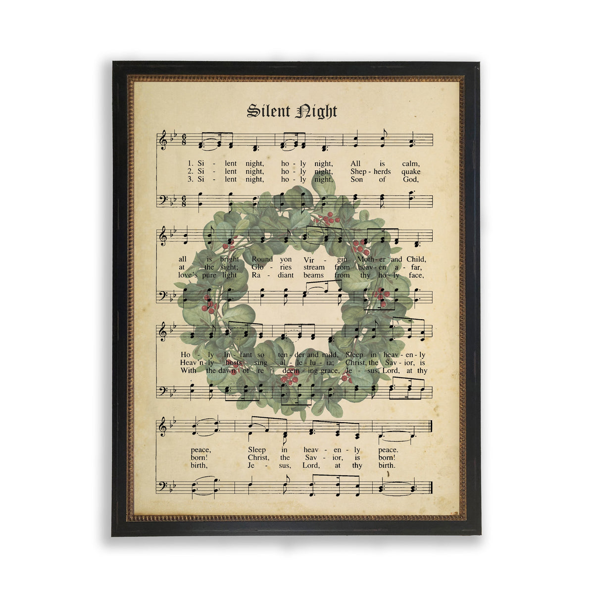 Silent Night Sheet Music With Wreath in Black and Gold Beaded Frame - Antique Curiosities