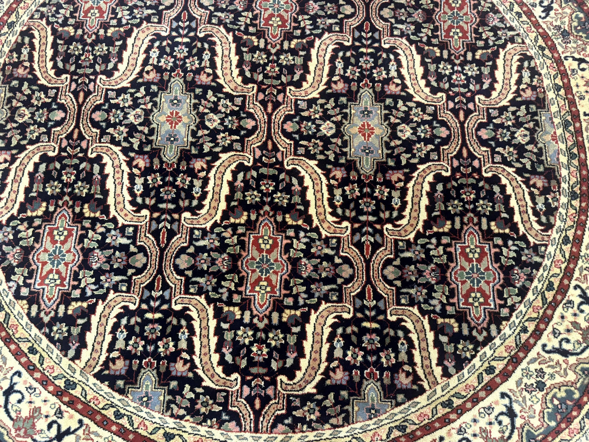 Round Indo Persian Rug 6x6, Indian Bidjar Rug, Navy Blue and Beige - Jewel Rugs, view 7