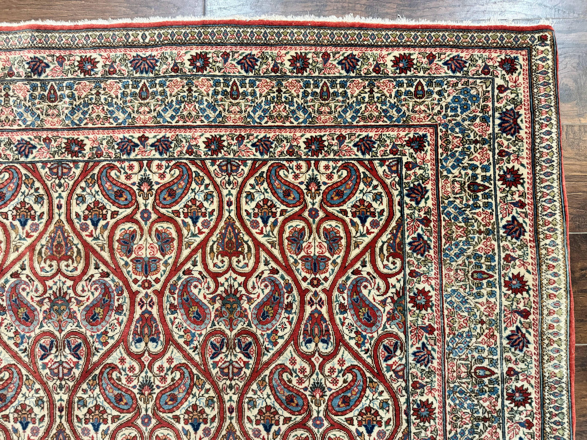 Unique Persian Qum Rug 5x7, Repeated Paisely Boteh Design, Ivory Red Blue, Handmade Antique Wool Persian Carpet, Finely Hand Knotted - Jewel Rugs, view 8