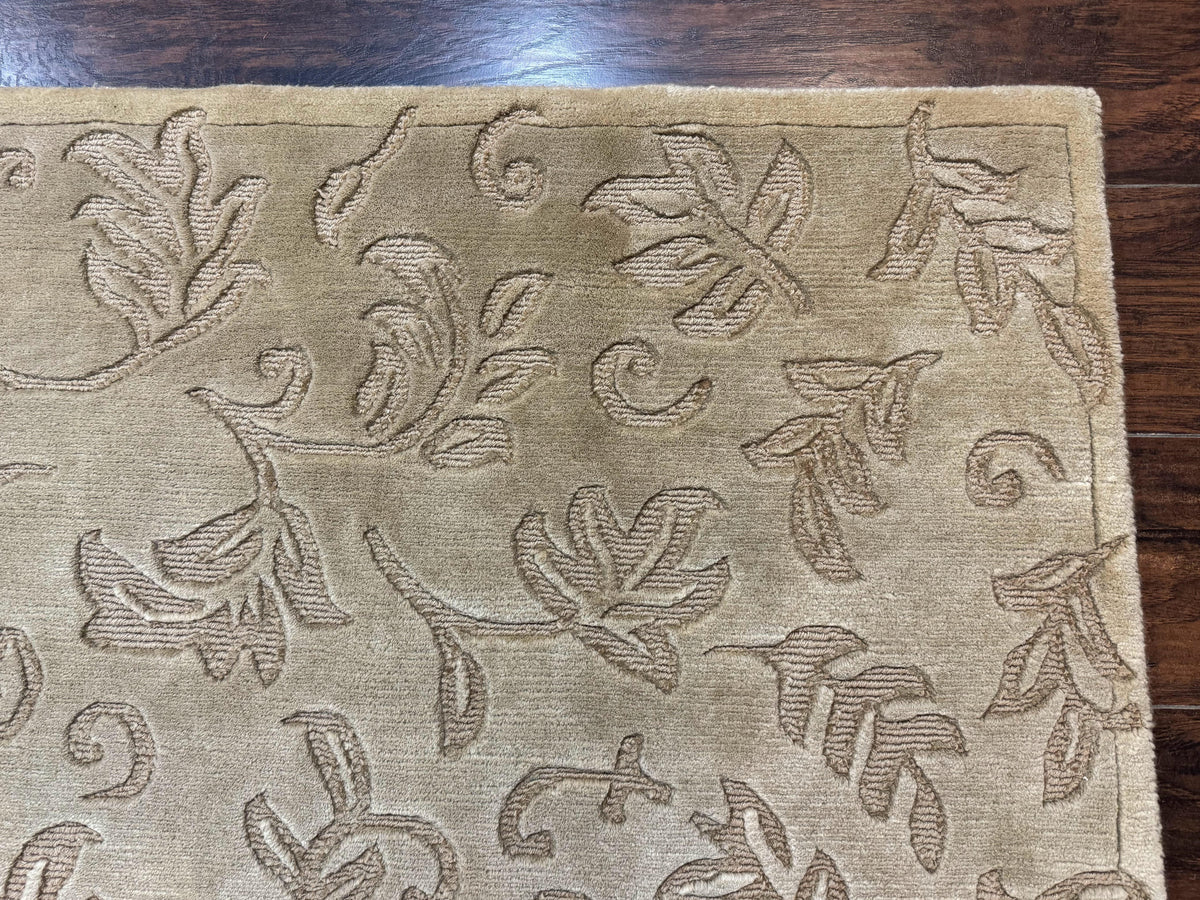 Modern Tibetan Rug 3.7 x 5.5, Carved Floral Design, Wool and Silk Highlights - Jewel Rugs, view 8