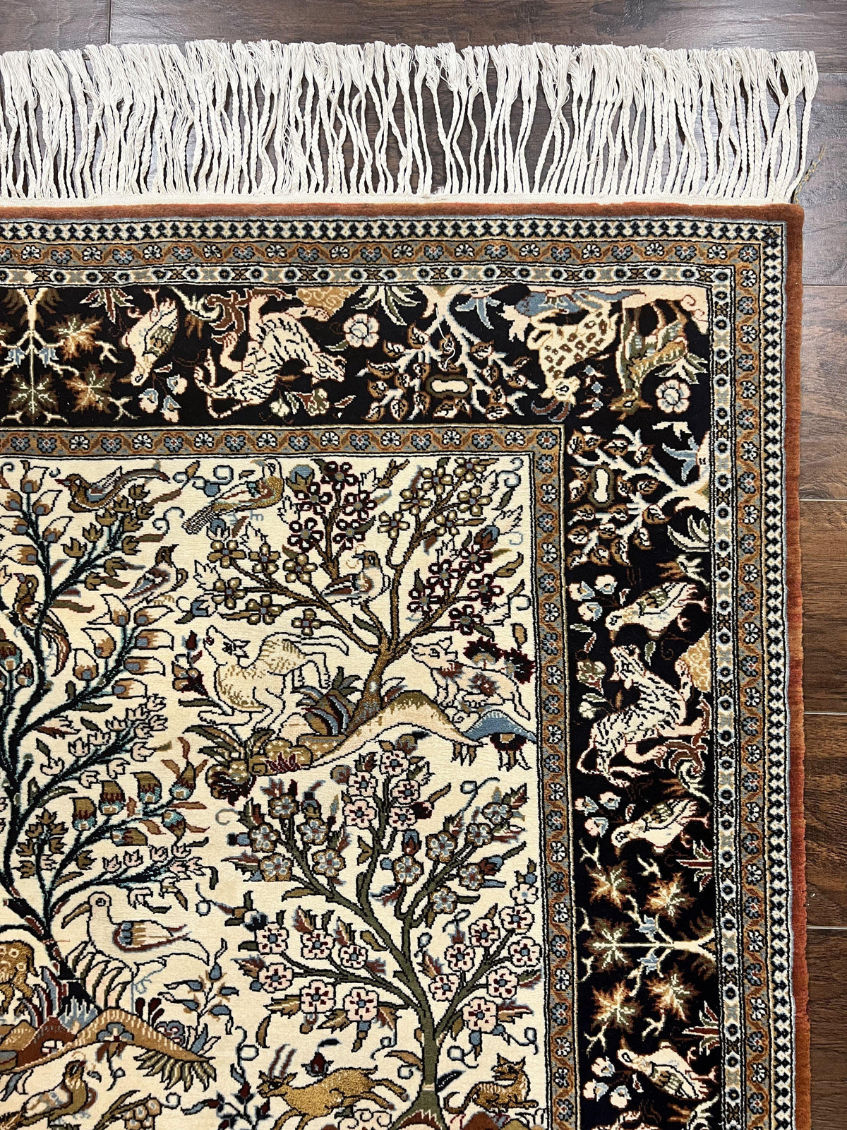 Persian Qum Tree of Life Rug 5x7, Wool and Silk Highlights, Animal Motifs, Vintage Hand Knotted Handmade Cream & Black Fine Oriental Carpet - Jewel Rugs, view 8
