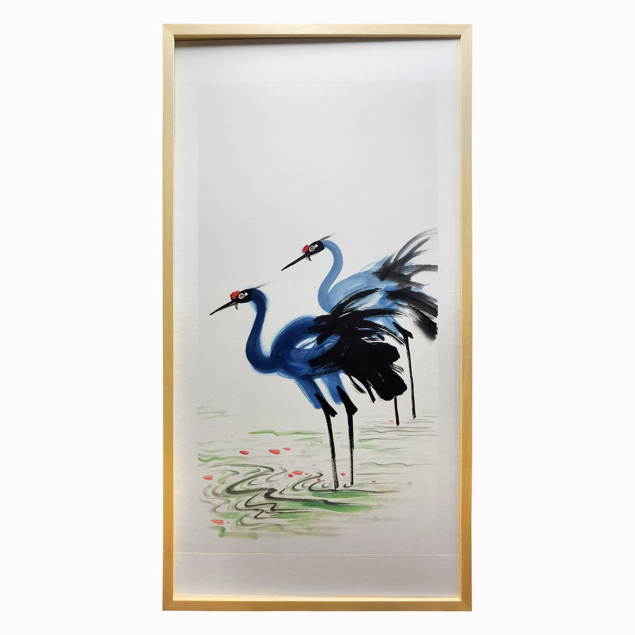 Color Ink Painting-Two Red Crowned Crane  Wooden Frame 34x65H image
