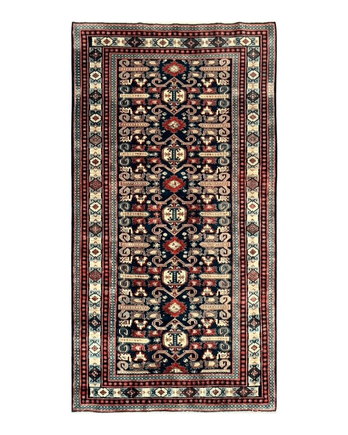 Persian Wide Runner Rug 4.8 x 10, Persian Kalegi Ardabil Rug, Perpedil Caucasian Rug, Antique Handmade Wool Carpet, Navy Blue Red, Tribal Rug - Jewel Rugs