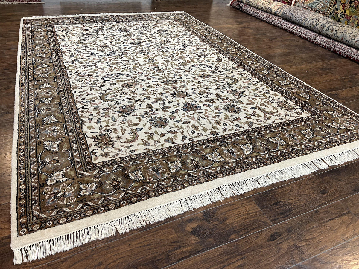 Indo Kirman Rug 8x12 Allover Floral Design, Ivory/Cream Brown, Vintage Handmade Hand Knotted Rug, Traditional Wool Persian Carpet 8 x 12 - Jewel Rugs, view 13