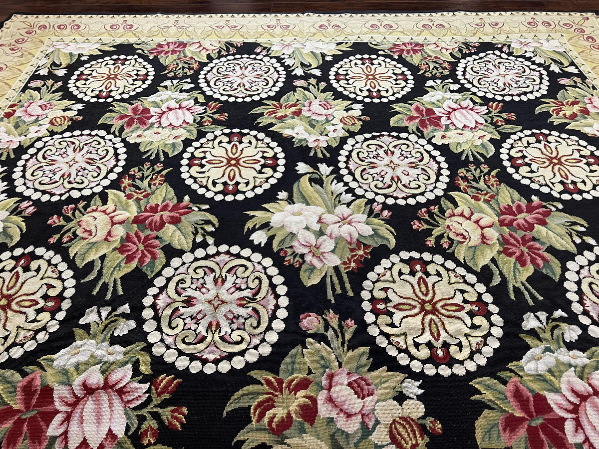 9x12 Black Needlepoint Rug, European Floral Panel Design, Handwoven, Vintage Chinese Needlepoint, Black Green Beige, Wool Rug 9 x 12 - Jewel Rugs, view 4